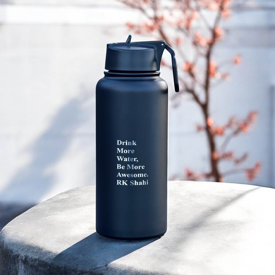 Matte black engraved water bottle on outdoor surface with motivational quote