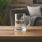 Minimalist engraved beer mug with name Romeo, personalised clear glass gift for birthdays or celebrations