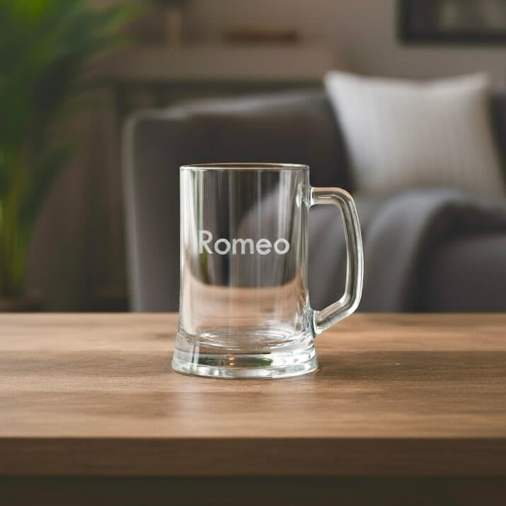 Minimalist engraved beer mug with name Romeo, personalised clear glass gift for birthdays or celebrations