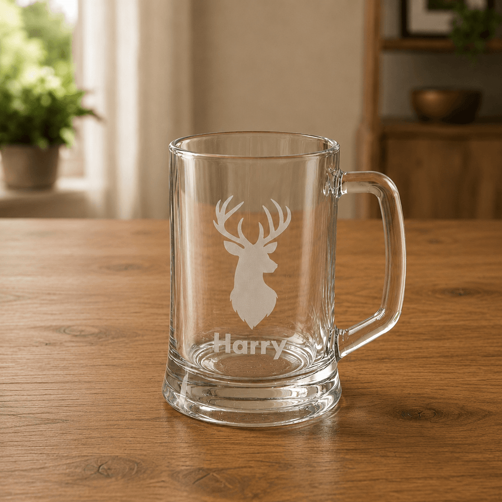 Munich beer mug with handle, laser-engraved deer design and personalised text