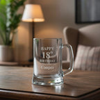 Personalised 18th birthday beer mug with name Cooper, engraved glass gift for milestone celebration
