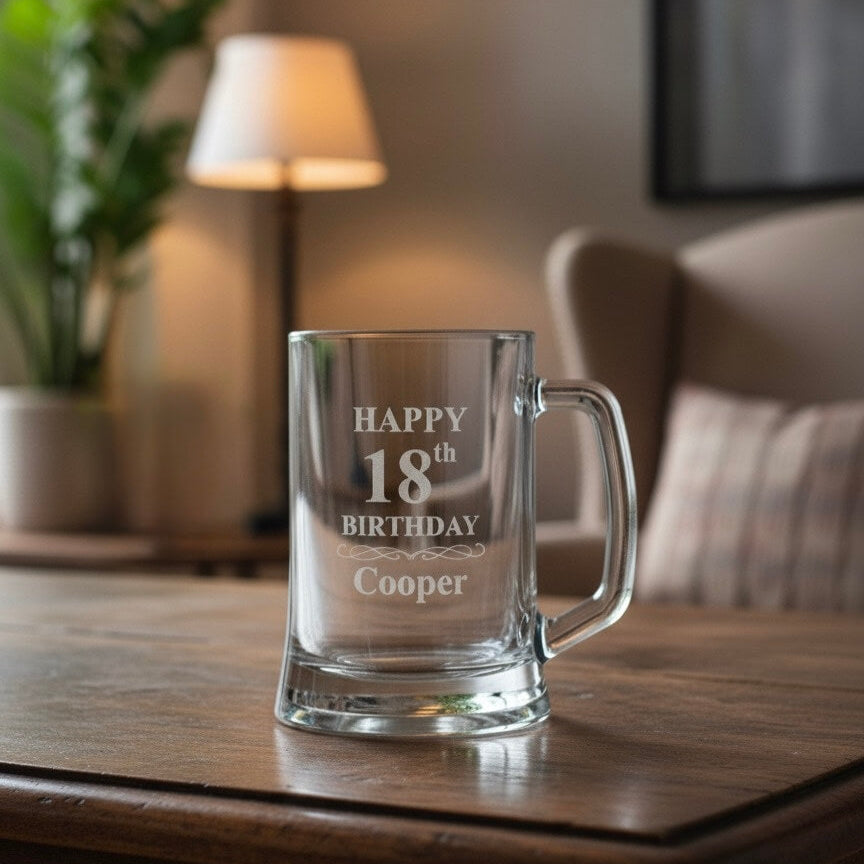 Personalised 18th birthday beer mug with name Cooper, engraved glass gift for milestone celebration