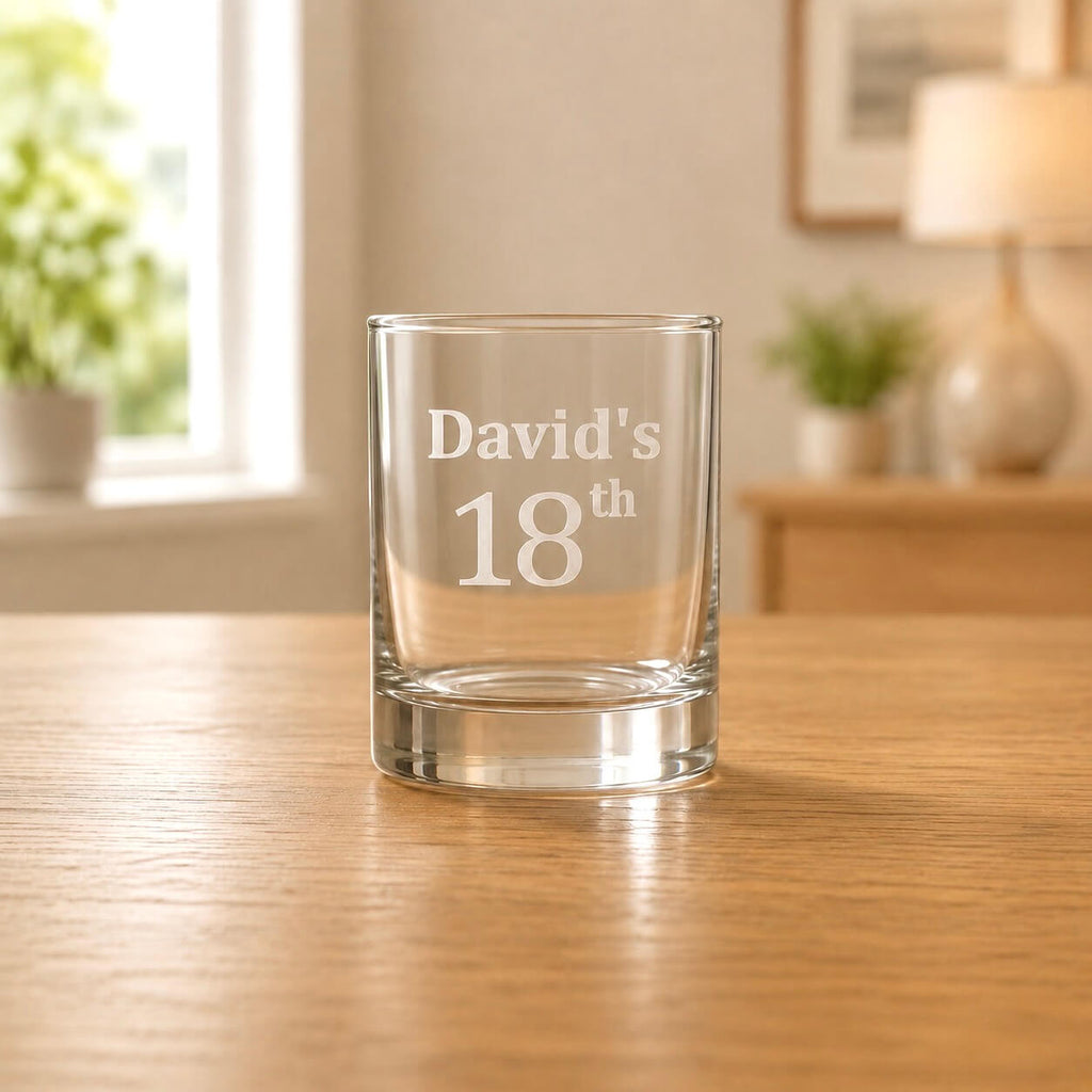 Personalised 18th birthday shot glass with David's name engraving on clear glass
