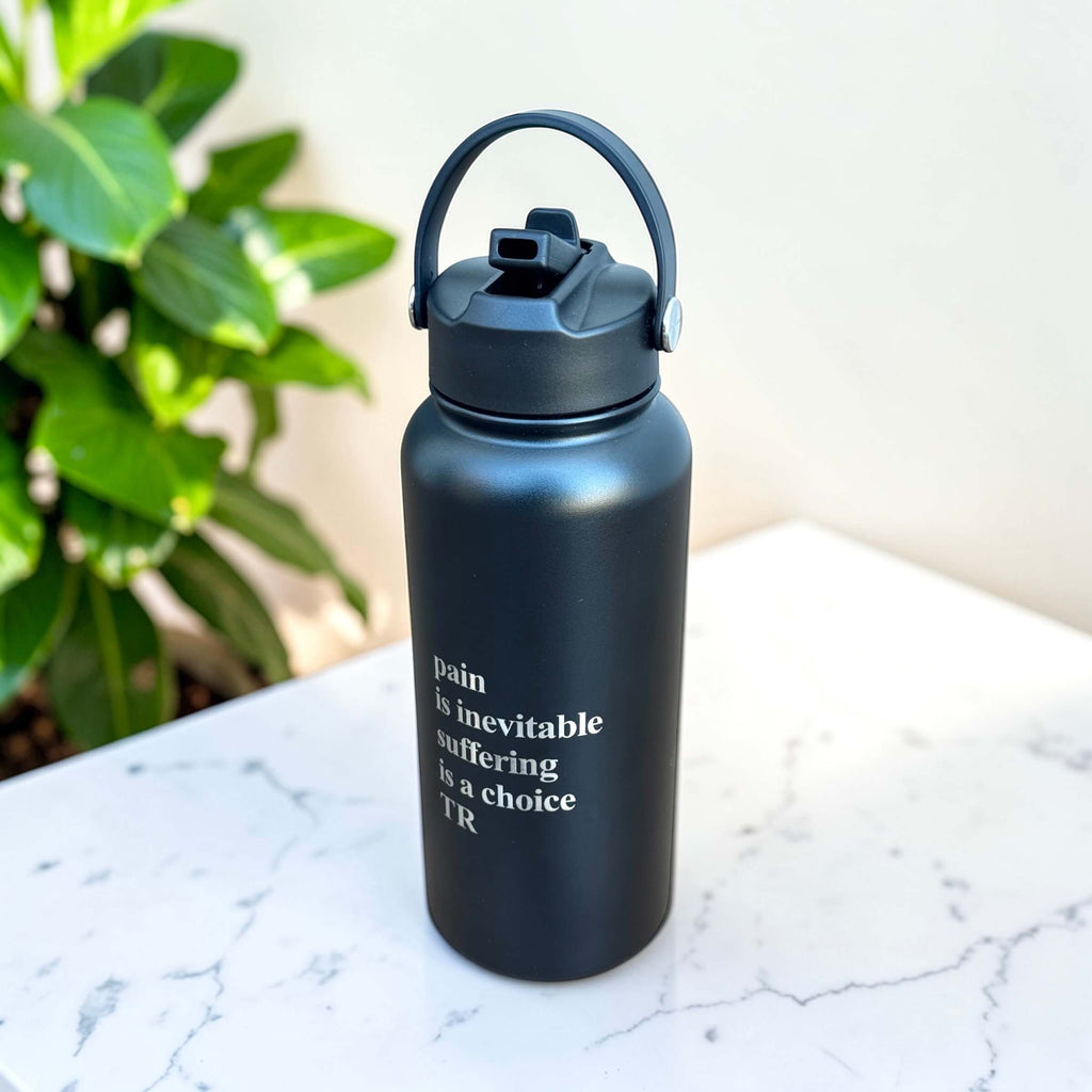 Personalised 1L black stainless steel water bottle with engraved quote and straw lid, custom gift for him or her