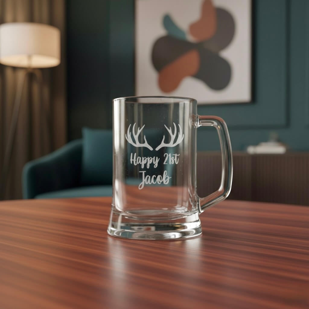Personalised 21st birthday beer mug engraved “Happy 21st Jacob” with antler design on wooden table in modern room