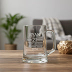 Personalised 21st birthday beer mug engraved with name Ryan, featuring “Aged 21 Years” and “Brewing Since 2004” design