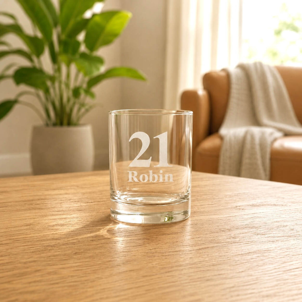 Personalised 21st birthday shot glass with Robin name engraving on clear glass
