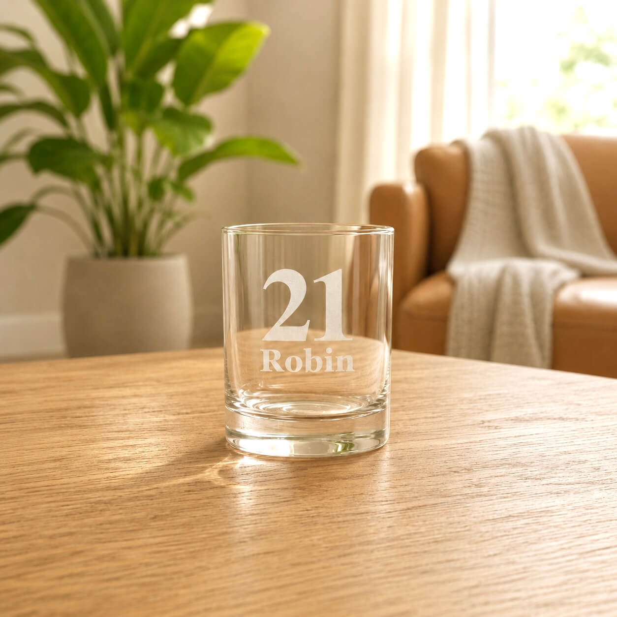 Personalised 21st birthday shot glass with Robin name engraving on clear glass