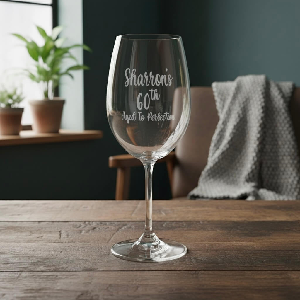 Personalised 60th birthday wine glass with name Sharron and Aged to Perfection engraving