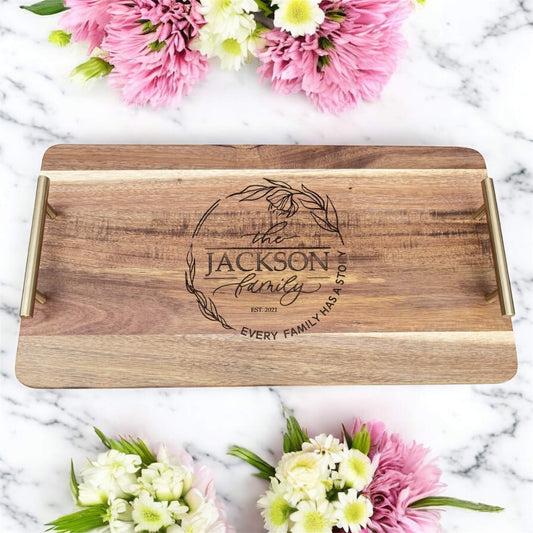 Personalised Acacia wood anniversary platter with engraved family name
