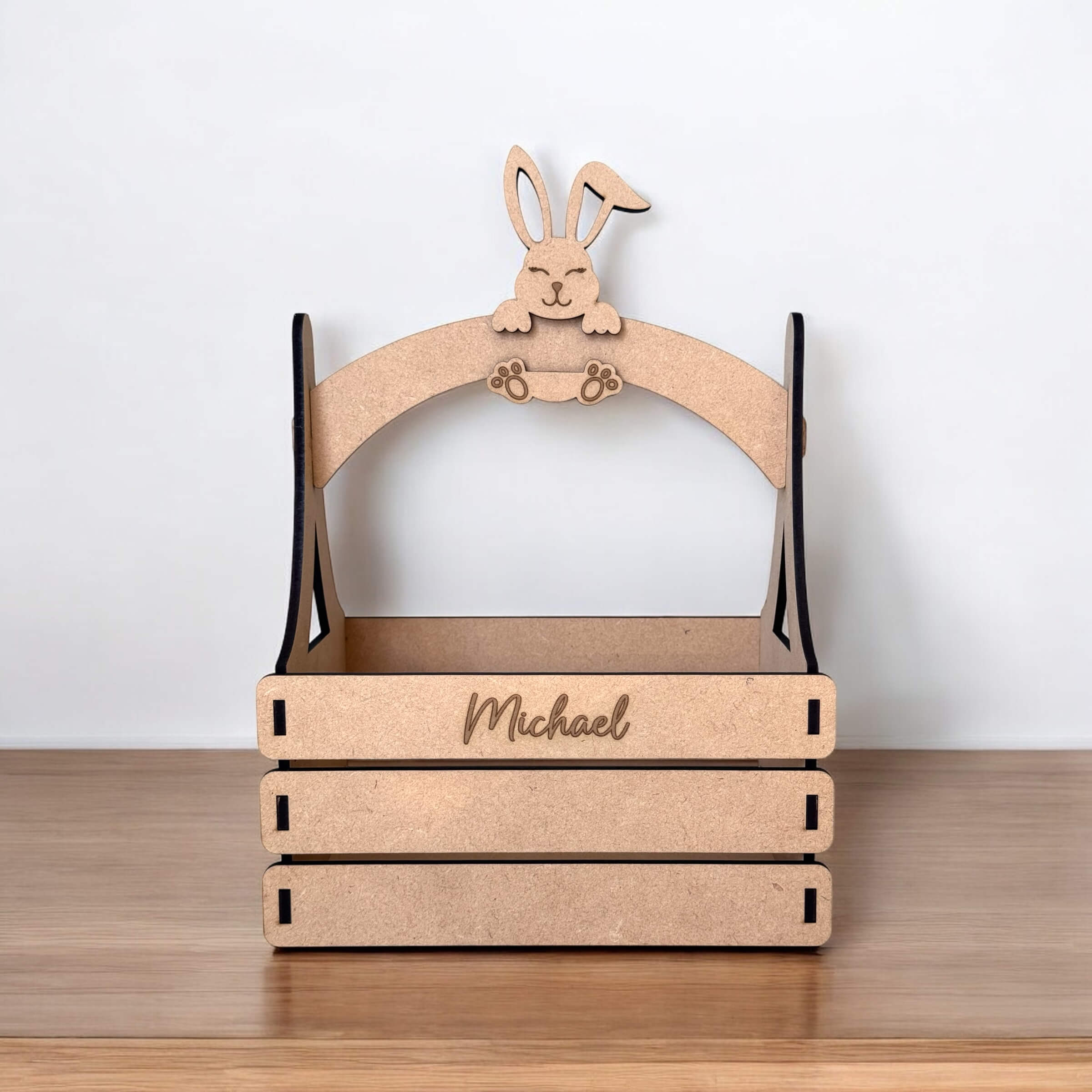 Personalised Easter Egg Basket with Bunny Handle – Front View