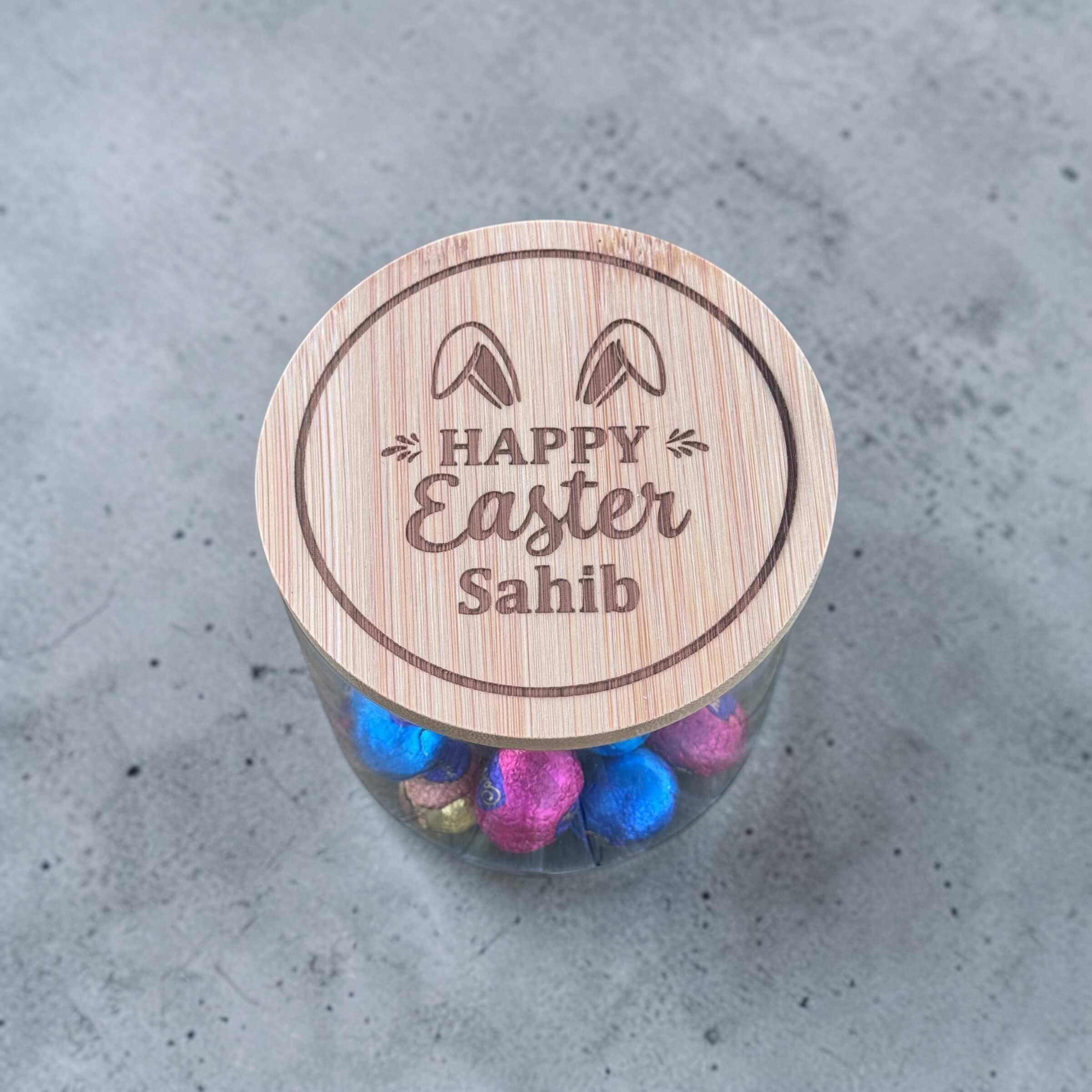 Personalised Easter chocolate egg jar with engraved bamboo lid, Happy Easter custom name gift filled with foil chocolate eggs