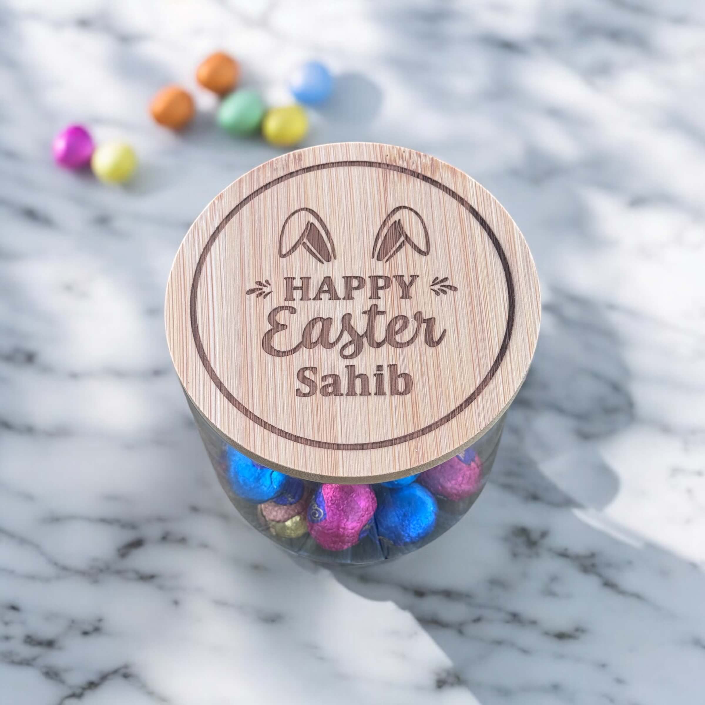 Personalised Glass Easter Jar with Engraved Bamboo Lid