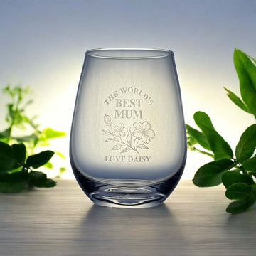 Personalised Mother's Day wine glass with floral engraving