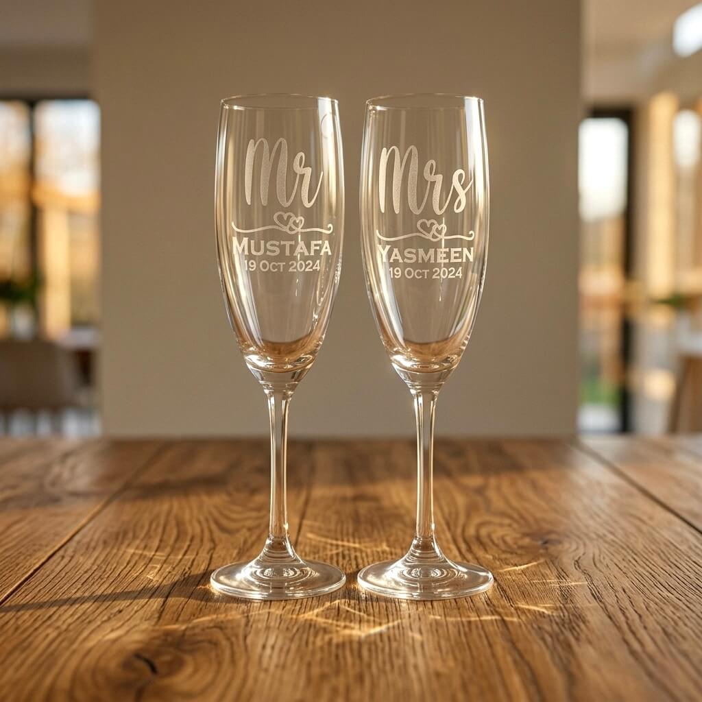 Personalised Mr & Mrs champagne flutes engraved with names Mustafa and Yasmeen and wedding date on a rustic wooden table