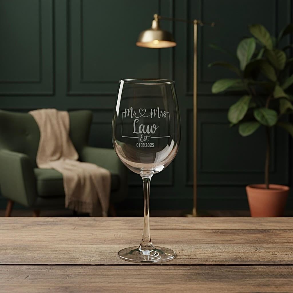 Personalised Mr & Mrs engraved wine glass with couple’s name and wedding date on wooden table.