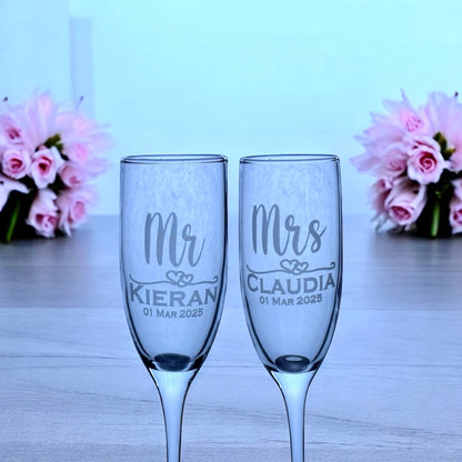 Personalised Mr and Mrs champagne flute with custom engraving for wedding toast