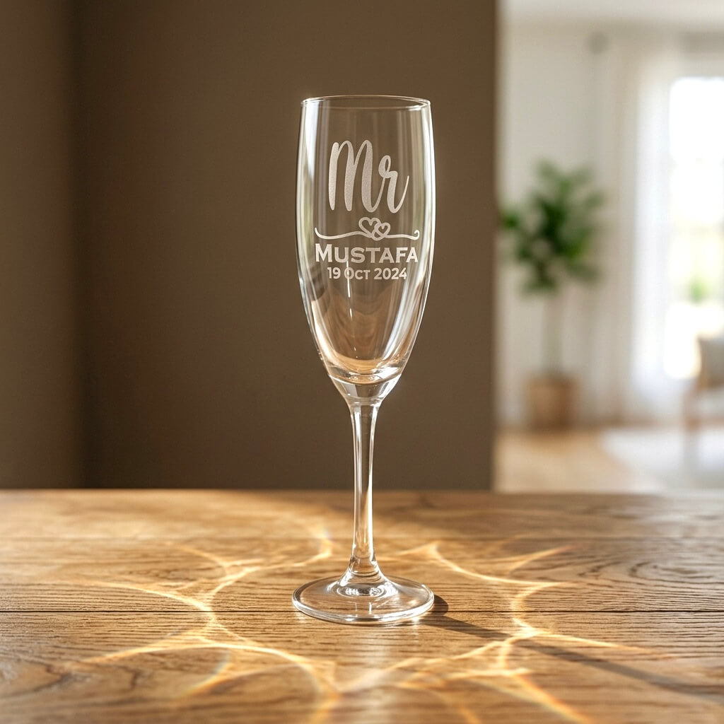 Personalised Mr champagne flute engraved with groom's name Mustafa and wedding date 19 Oct 2024 on a wooden table