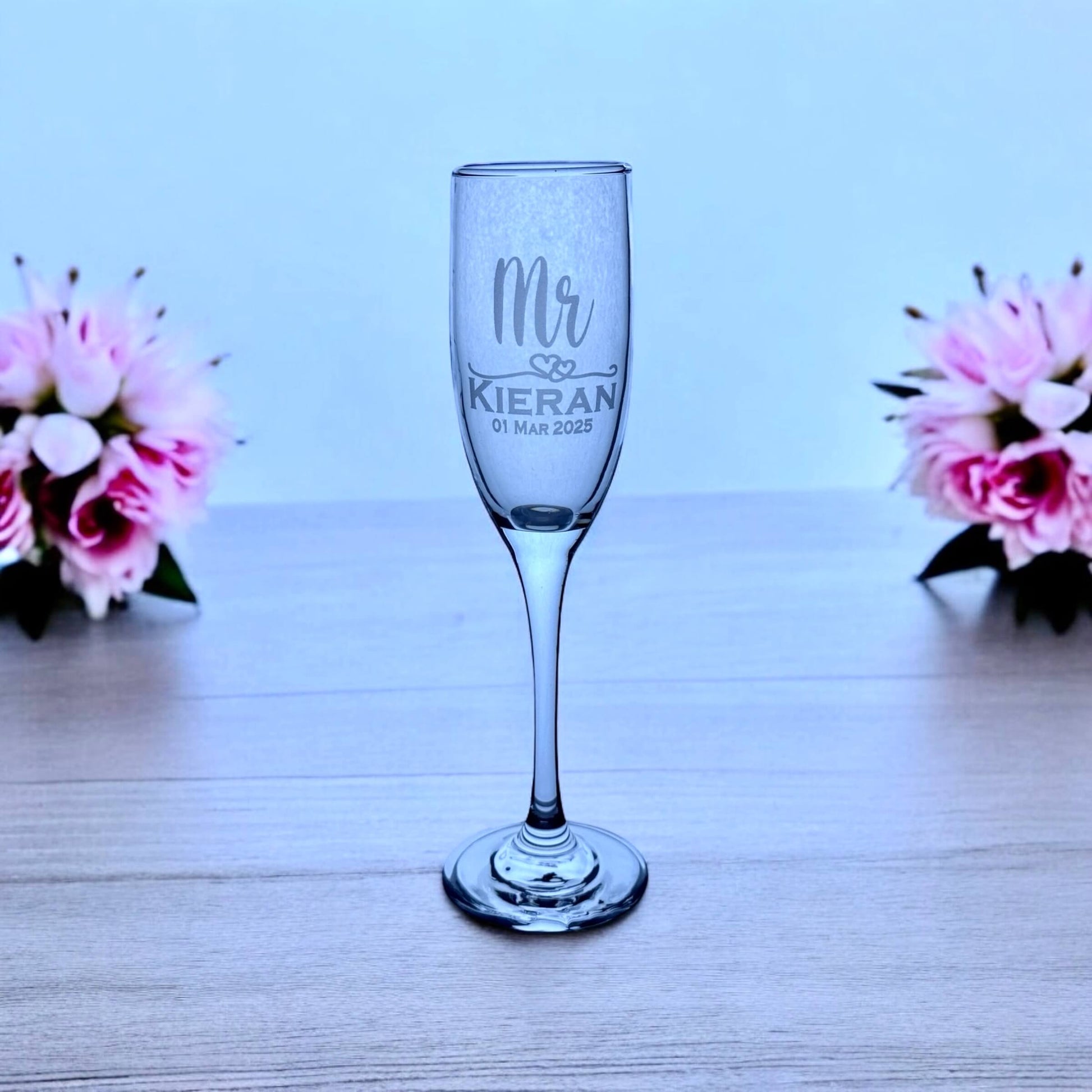 Personalised Mr champagne flute with custom engraving for wedding groom