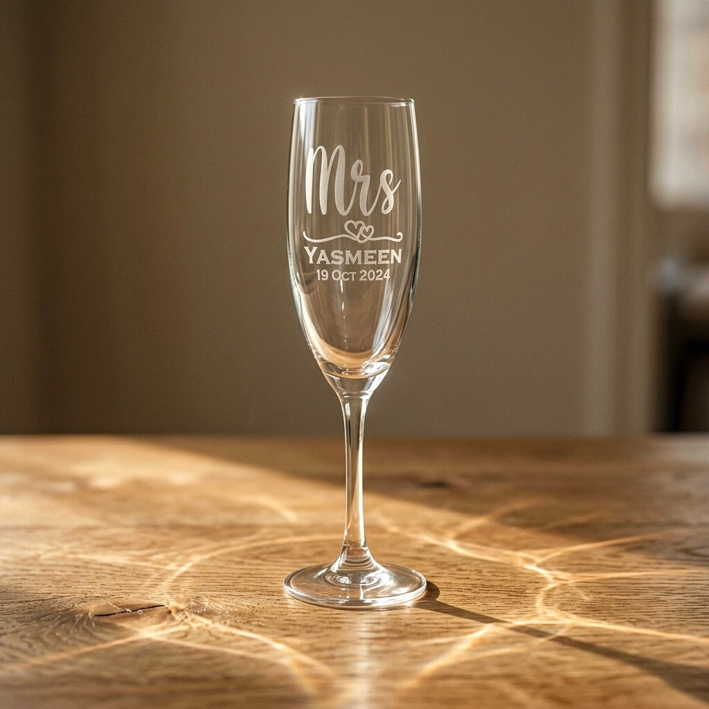 Personalised Mrs champagne flute engraved with bride's name Yasmeen and wedding date 19 Oct 2024 on a sunlit oak table