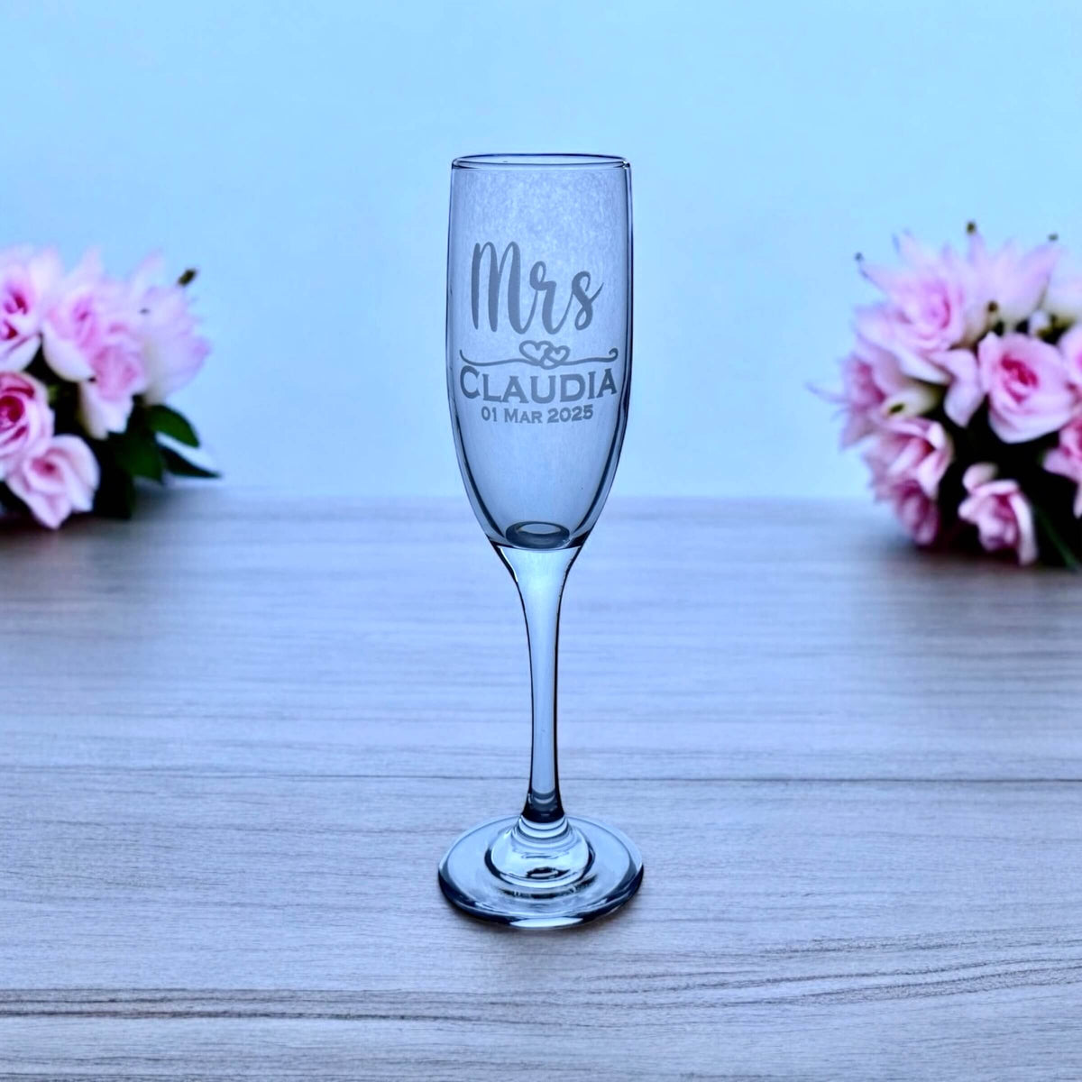 Personalised Mrs champagne flute with custom engraving for wedding bride