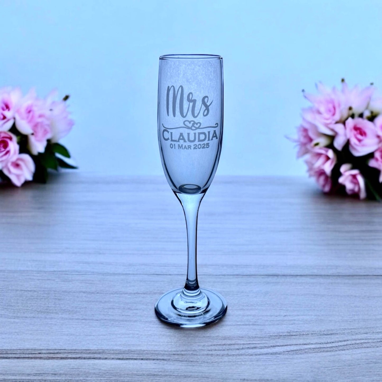 Personalised Mrs champagne flute with custom engraving for wedding bride