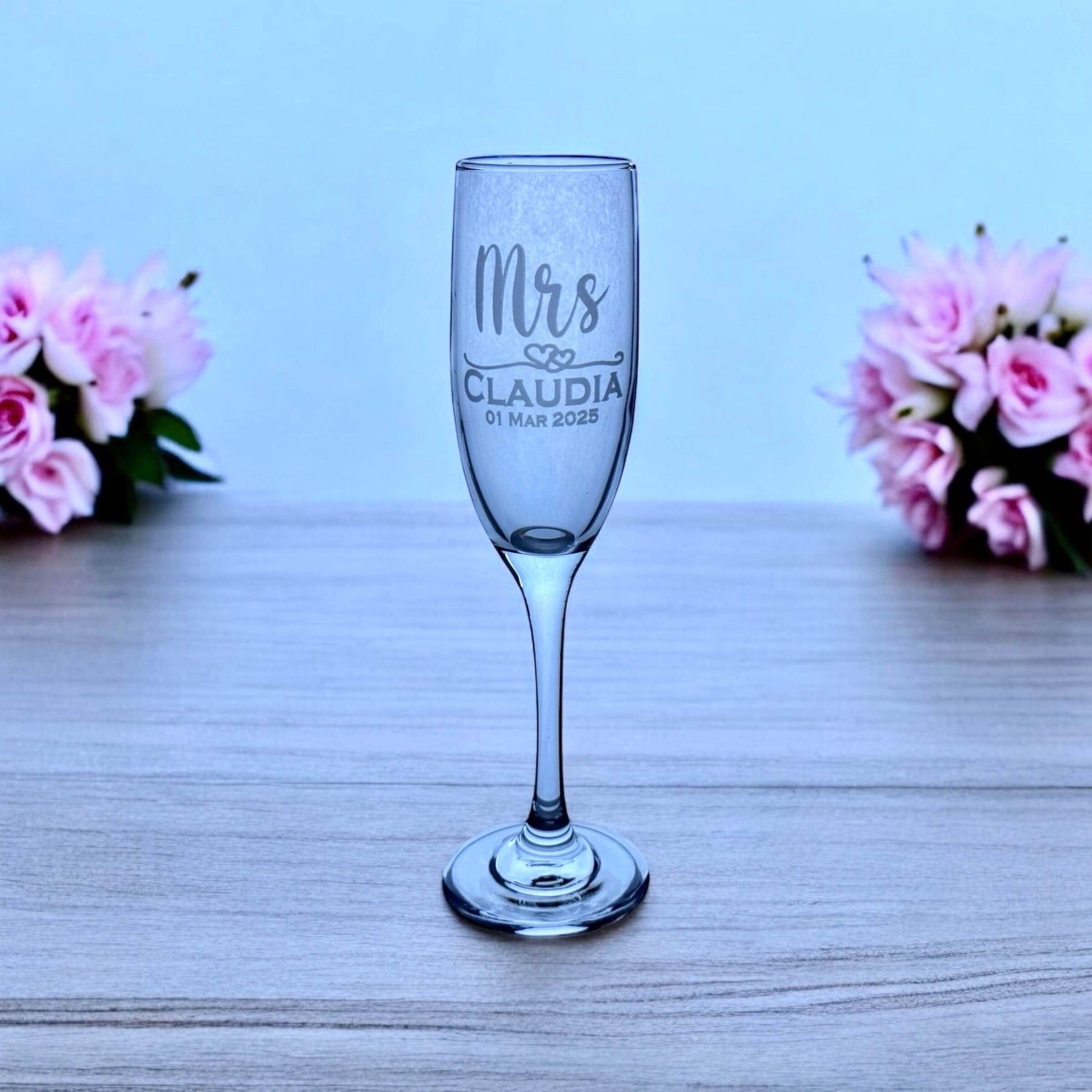 Personalised Mrs champagne flute with custom engraving for wedding bride