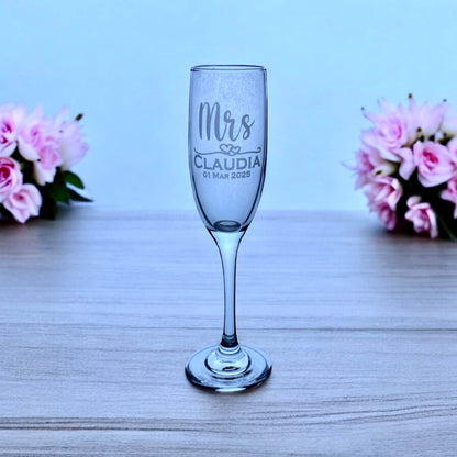 Personalised Mrs champagne flute with custom engraving for wedding bride