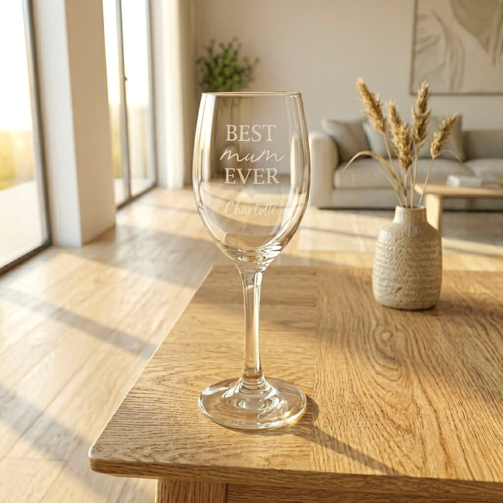 Personalised Mum wine glass with elegant "Best Mum Ever" engraving and custom name Charlotte in a bright living room