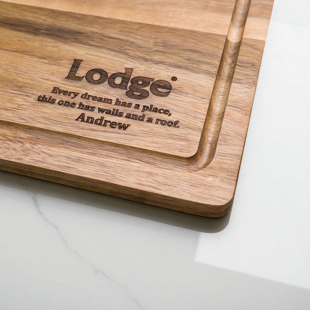 Personalised acacia wood chopping board engraved with company logo Lodge and custom message, ideal for corporate gifts, staff rewards, or branded kitchenware.