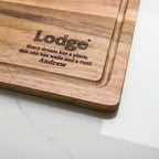 Personalised acacia wood chopping board engraved with company logo Lodge and custom message, ideal for corporate gifts, staff rewards, or branded kitchenware.