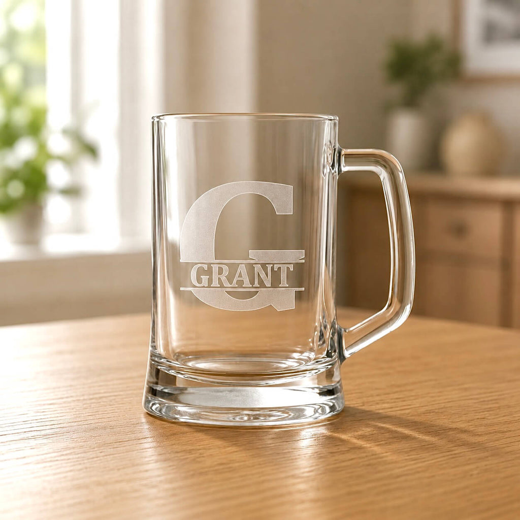 Personalised beer glass with frosted Grant monogram, clear handle and thick base