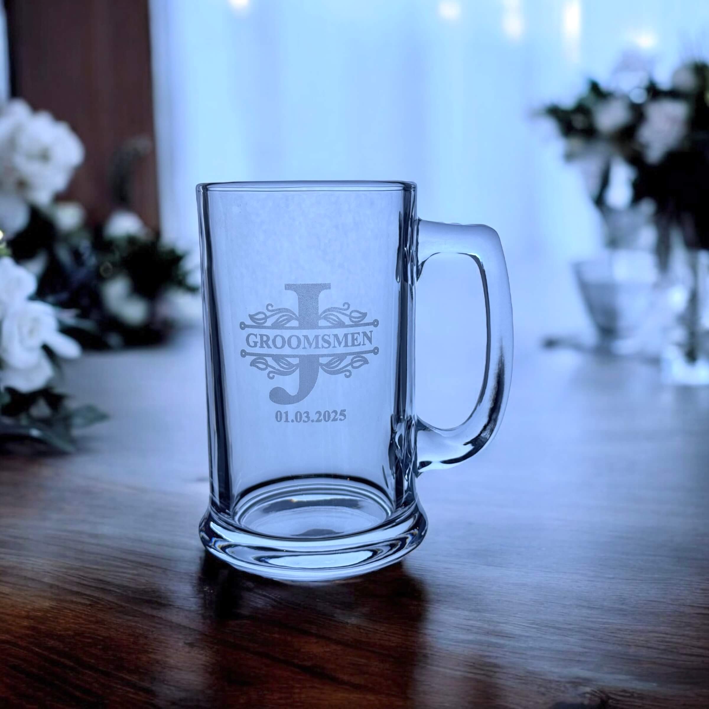 Personalised beer glass with groomsman name engraving
