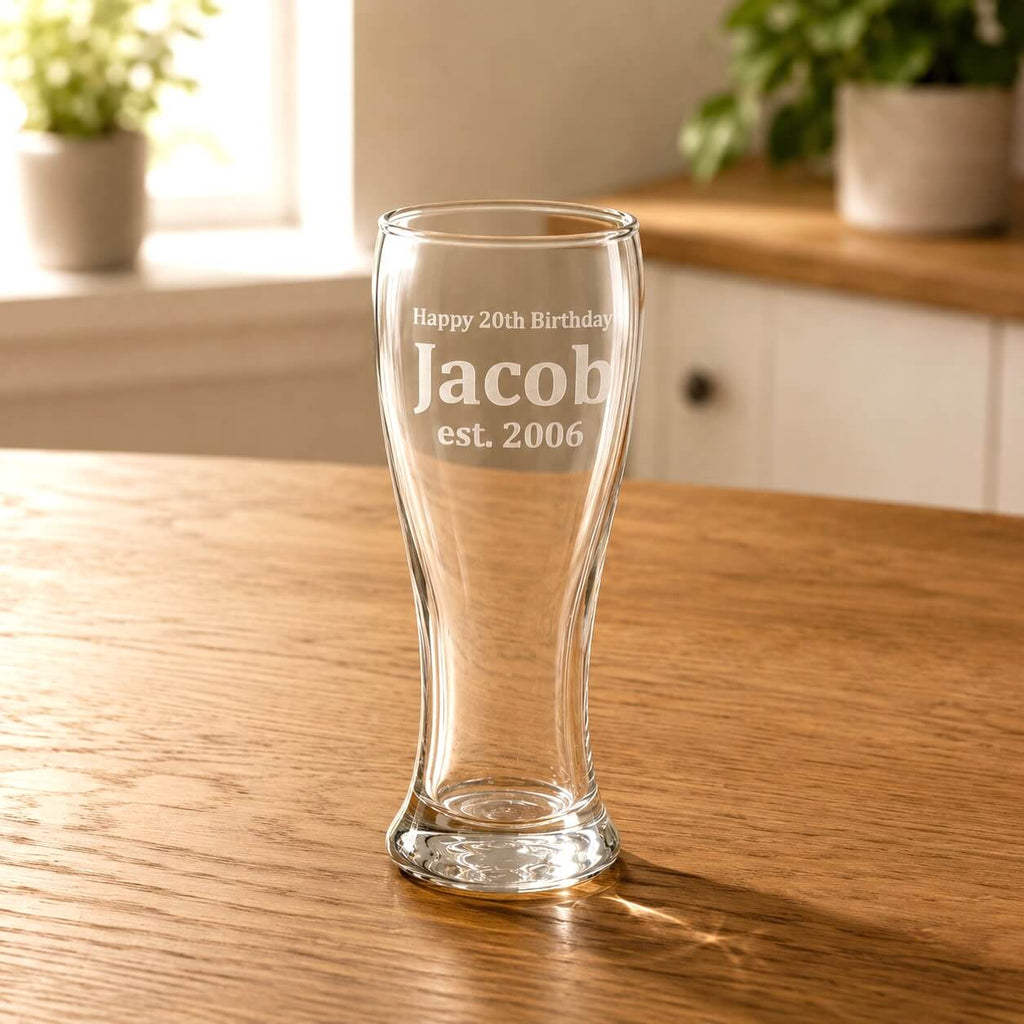 Personalised beer glass with name and est. 2006 engraving in natural light