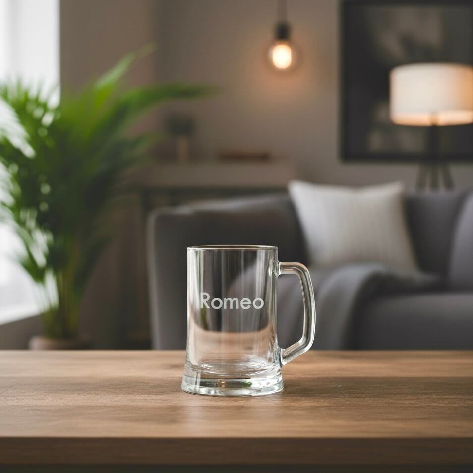 Personalised beer handle with engraved name Romeo, stylish clear glass mug displayed in cosy lounge lighting