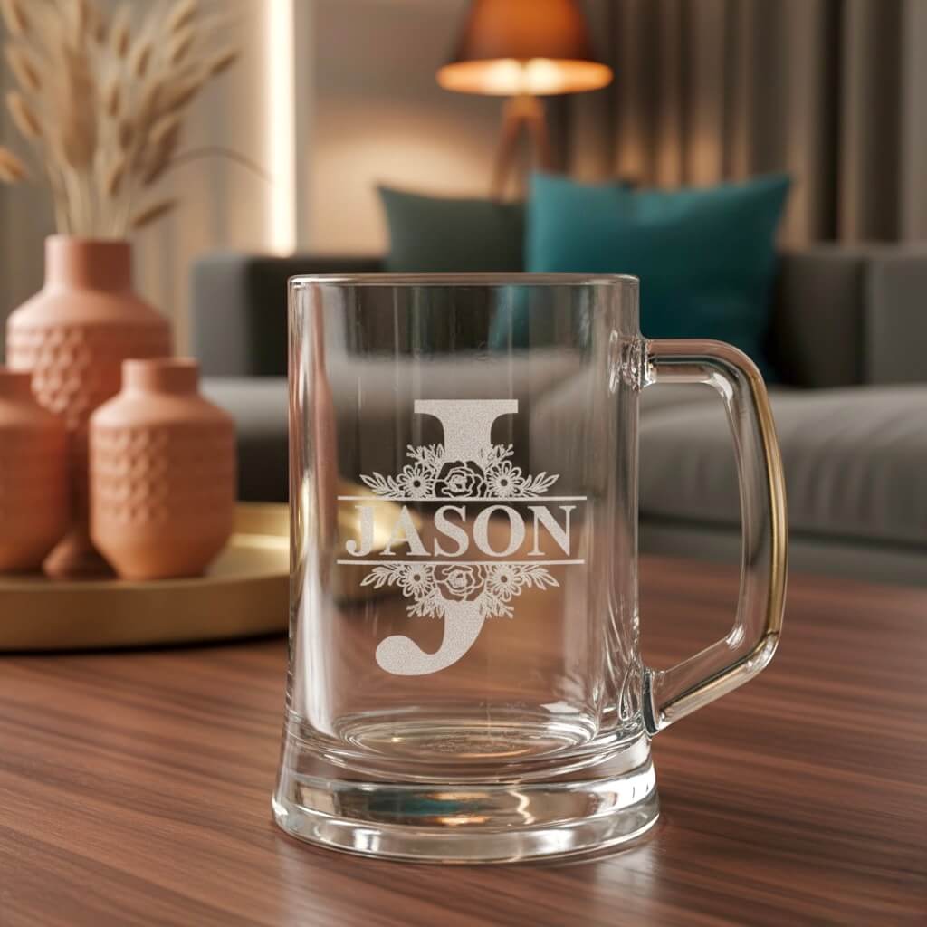 Personalised beer mug engraved with the letter J and name Jason, displayed on wooden table in modern living room setting