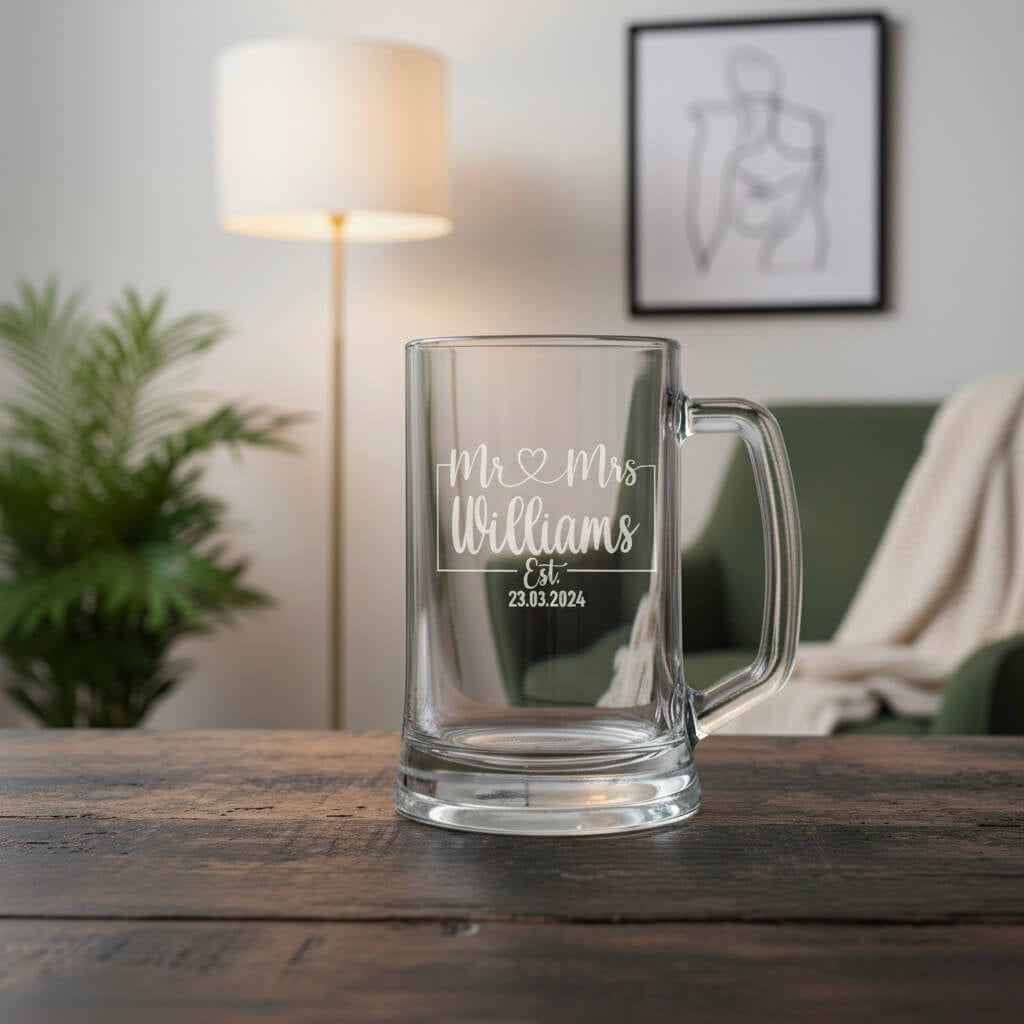 Personalised beer mug with Mr & Mrs Williams and wedding date, custom engraved newlywed gift