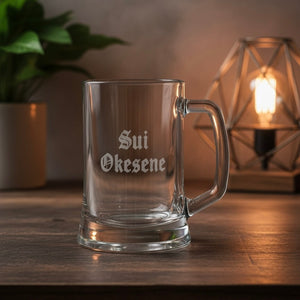 Personalised beer mug with Sui Okesene engraving, custom gift glass for men or birthday