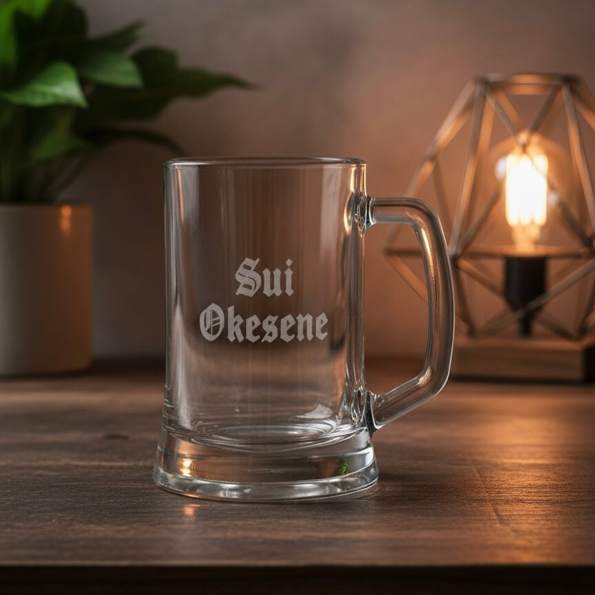 Personalised beer mug with Sui Okesene engraving, custom gift glass for men or birthday
