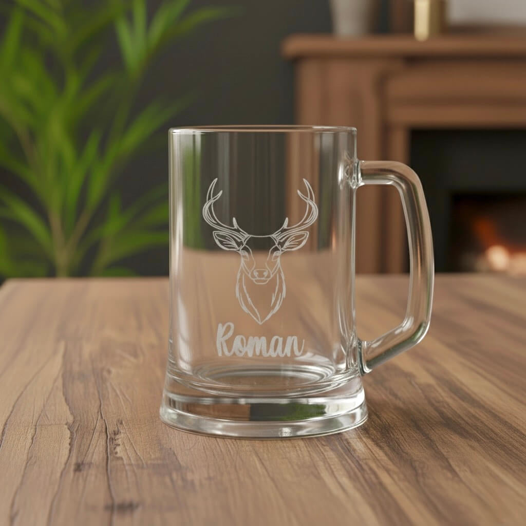Personalised beer mug with engraved antler design and name Roman, rustic glass gift on wooden table