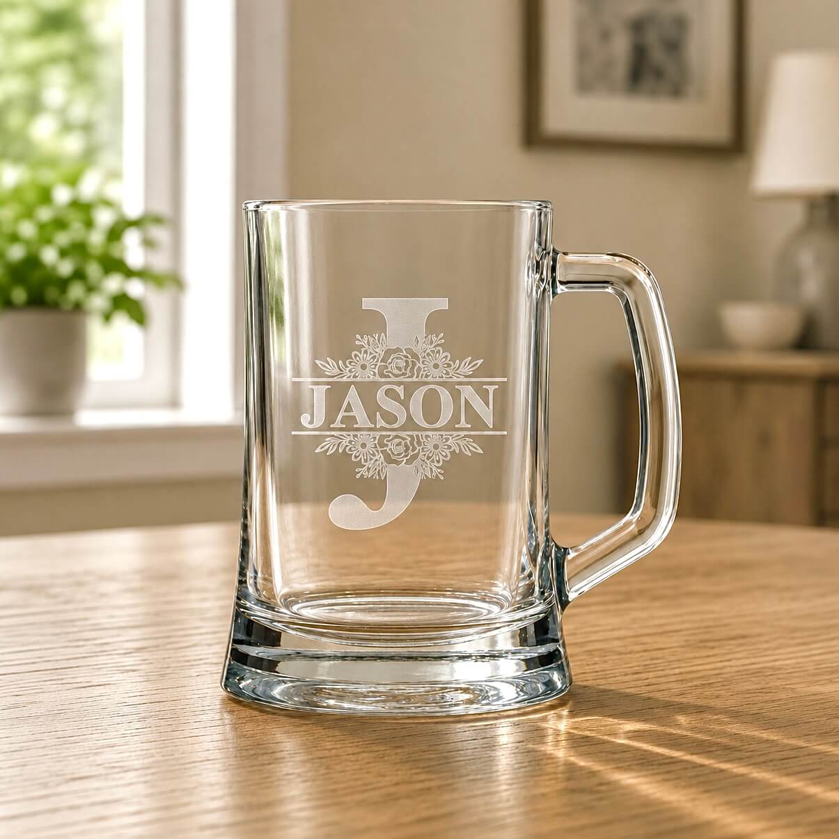 Personalised beer mug with frosted Jason name, large J monogram and clear handle