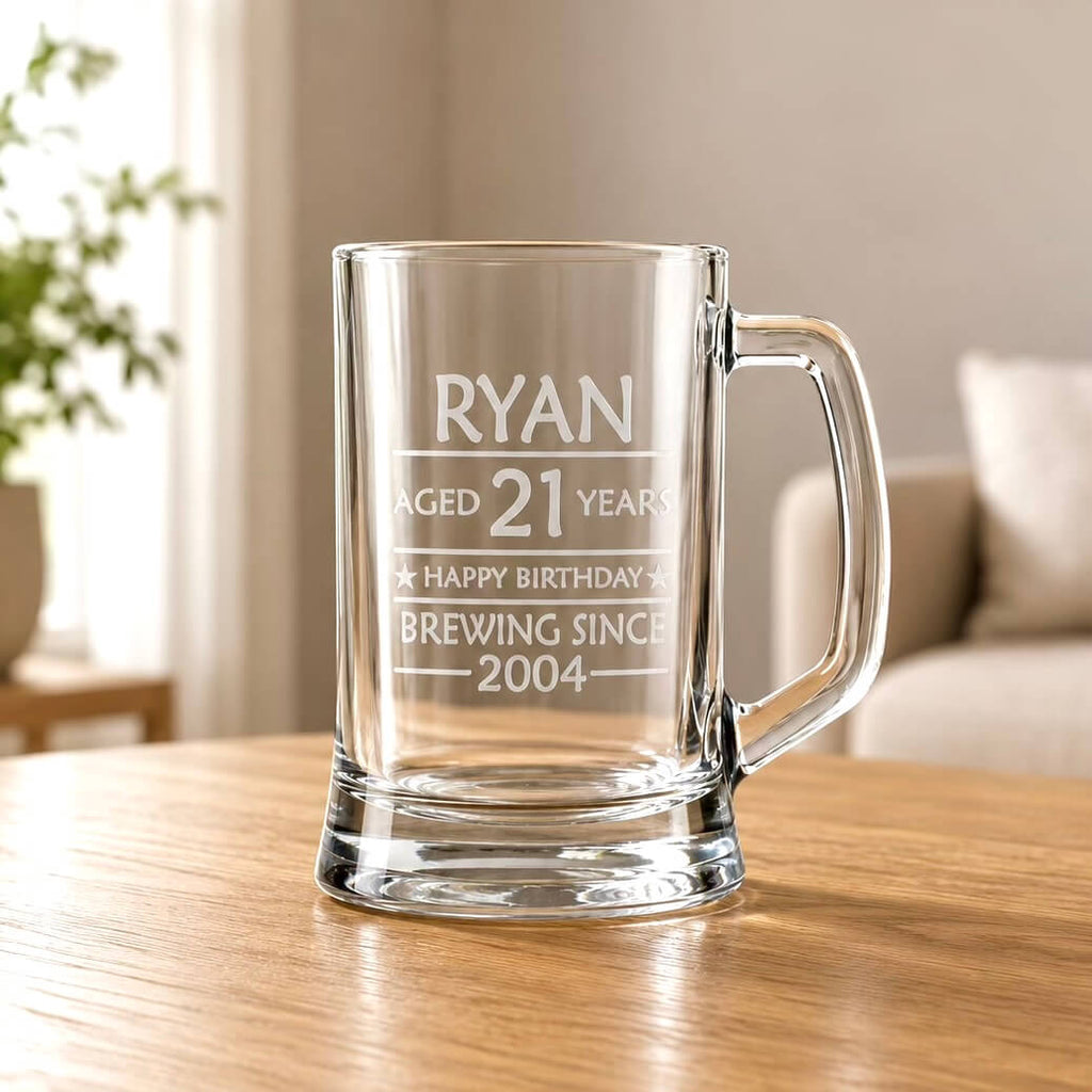 Personalised beer mug with frosted Ryan name, aged 21 years and birthday engraving