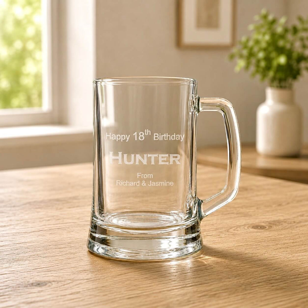 Personalised birthday beer mug with frosted Hunter name and Richard & Jasmine text