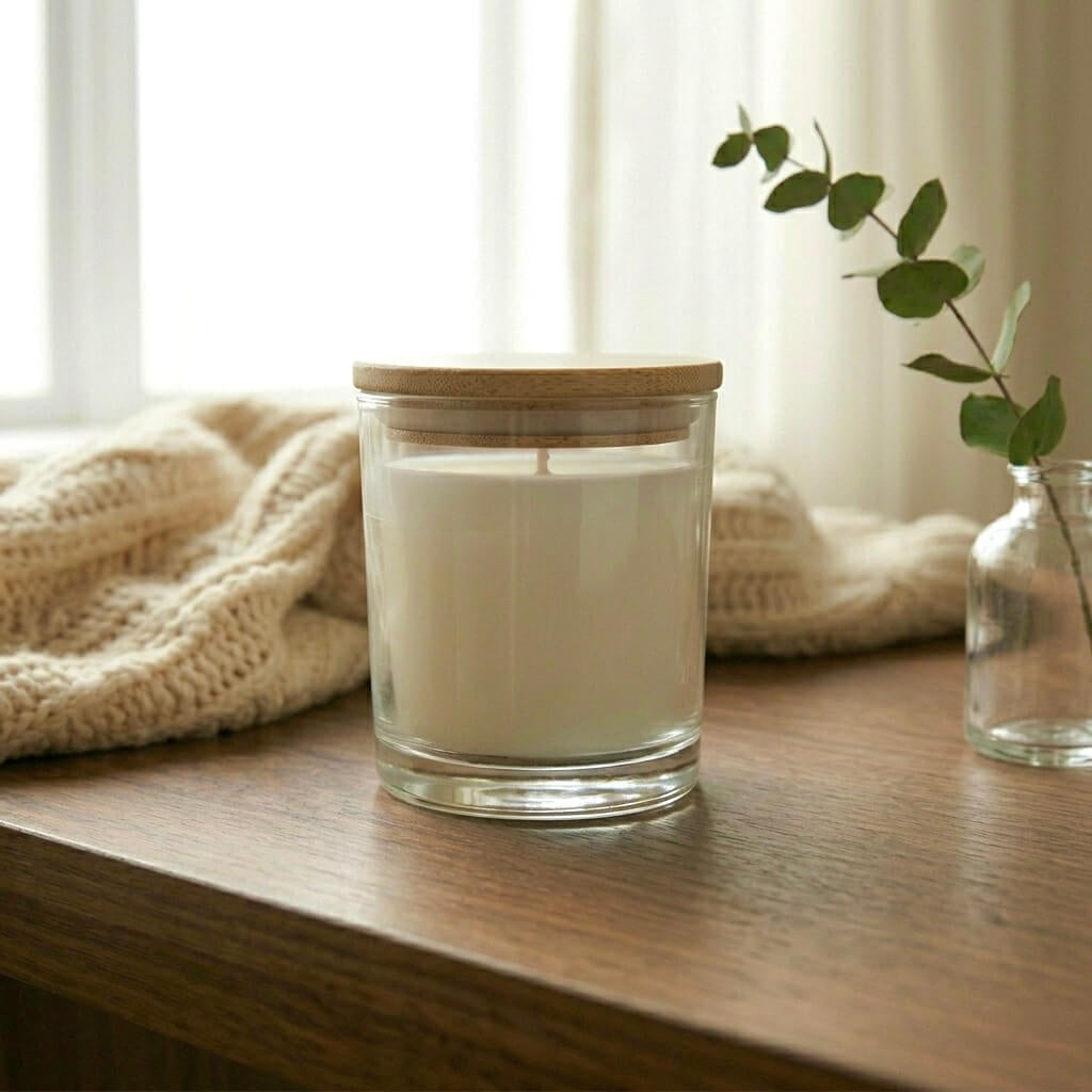 Personalised candle with engraved wooden lid option displayed as a thoughtful home gift