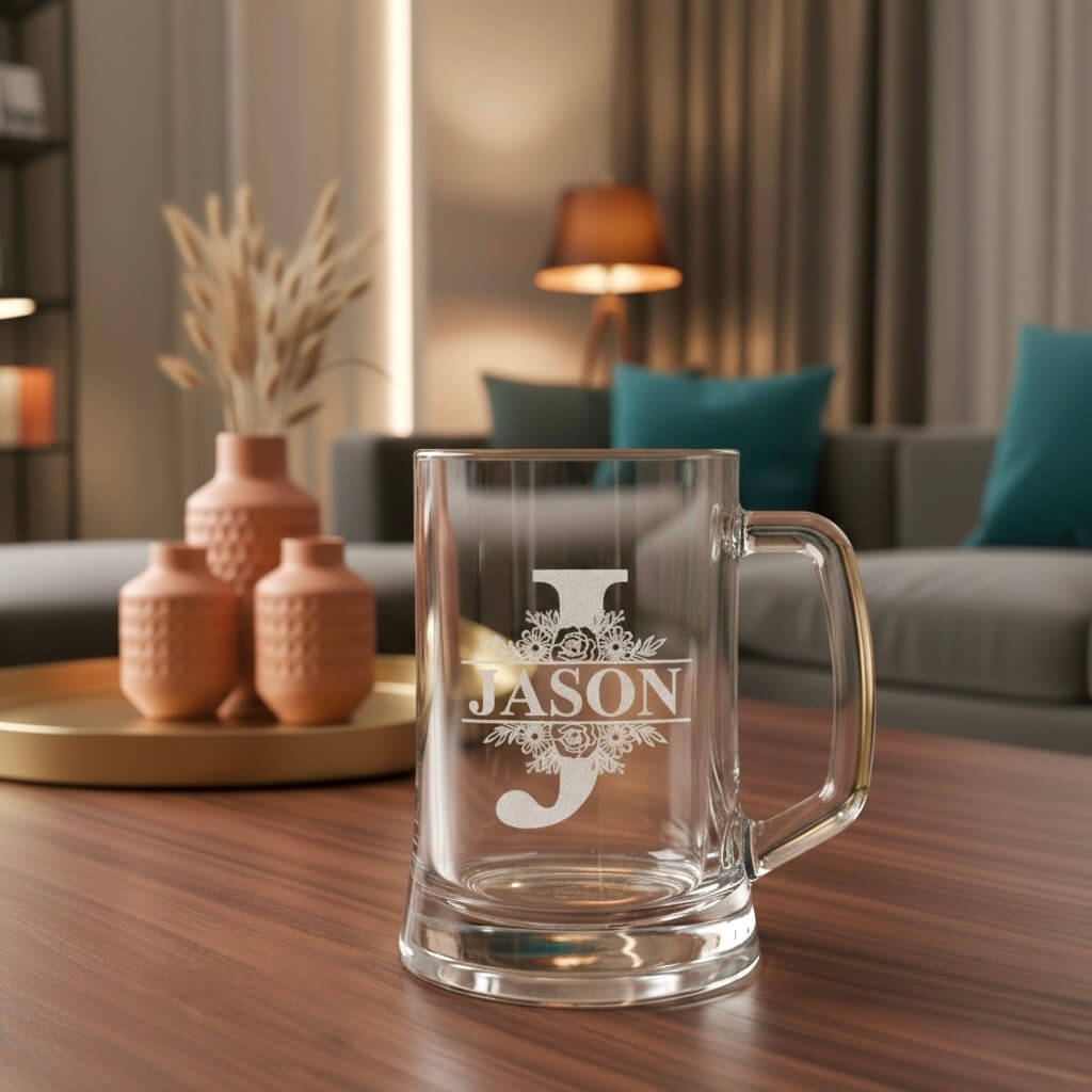 Personalised clear glass beer handle with engraved J and Jason floral design, photographed in warm modern home interior