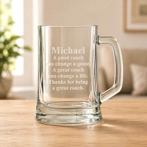 Personalised coach beer mug engraved with Michael and thank you quote