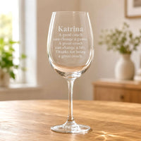 Personalised coach wine glass etched with Katrina and thank you quote