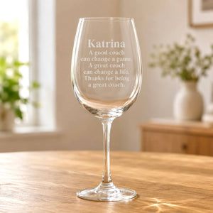Personalised coach wine glass etched with Katrina and thank you quote