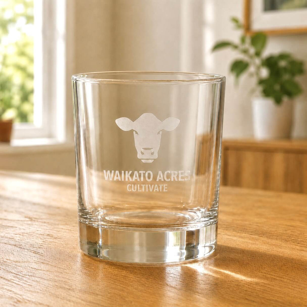Personalised corporate whisky glass with frosted Waikato Acres logo and thick base