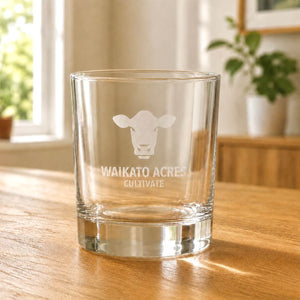 Personalised corporate whisky glass with frosted Waikato Acres logo and thick base